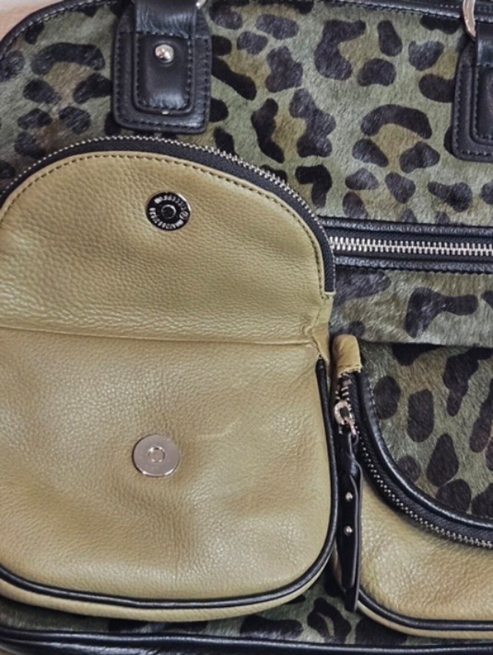 Aimee Kestenberg LUCY Olive Leopard Print Satchel w/ Black Trim, Silver Hardware - Picture 4 of 12